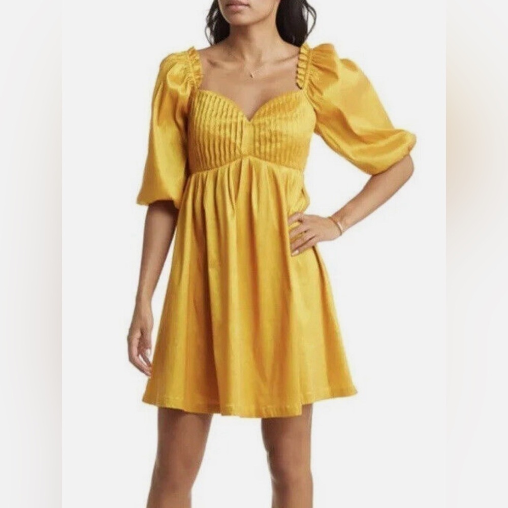 VICI Women Satin Yellow Puff Sleeve Babydoll Short Dress XS/S ERAS TOUR